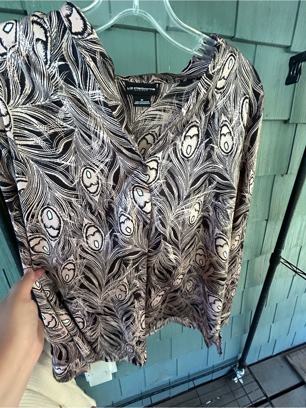 Liz Claiborne Black and Cream Peacock Feather-Print Blouse